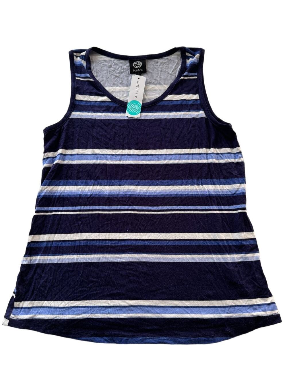 Bobeau Womens L Scoop Neck Tank Top Navy Blue White Striped Sleeveless NWT